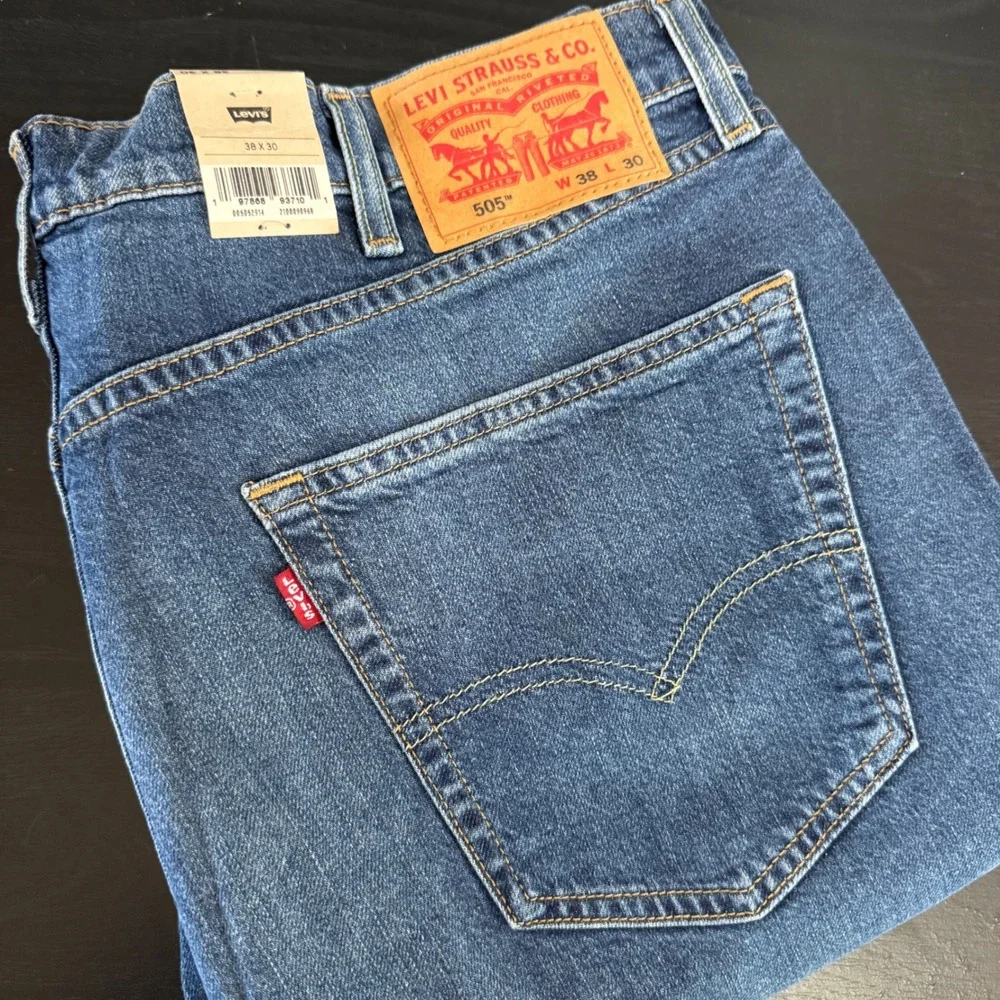 Levis 505 Regular Straight Jeans Mens 38x30 Blue Ease Stretch Denim‎ red tab